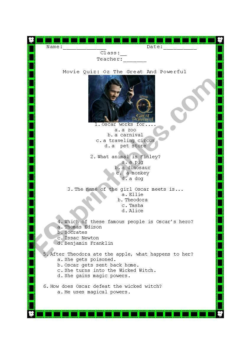 Movie Worksheet: Oz, The Great and Powerful [WITH ANSWER KEY]